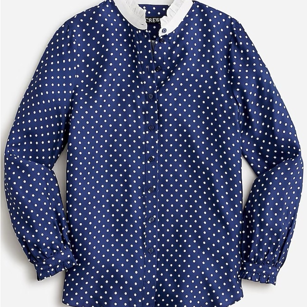 J. Crew Navy Cupro Ruffle Polka Dot Shirt with White Collar L